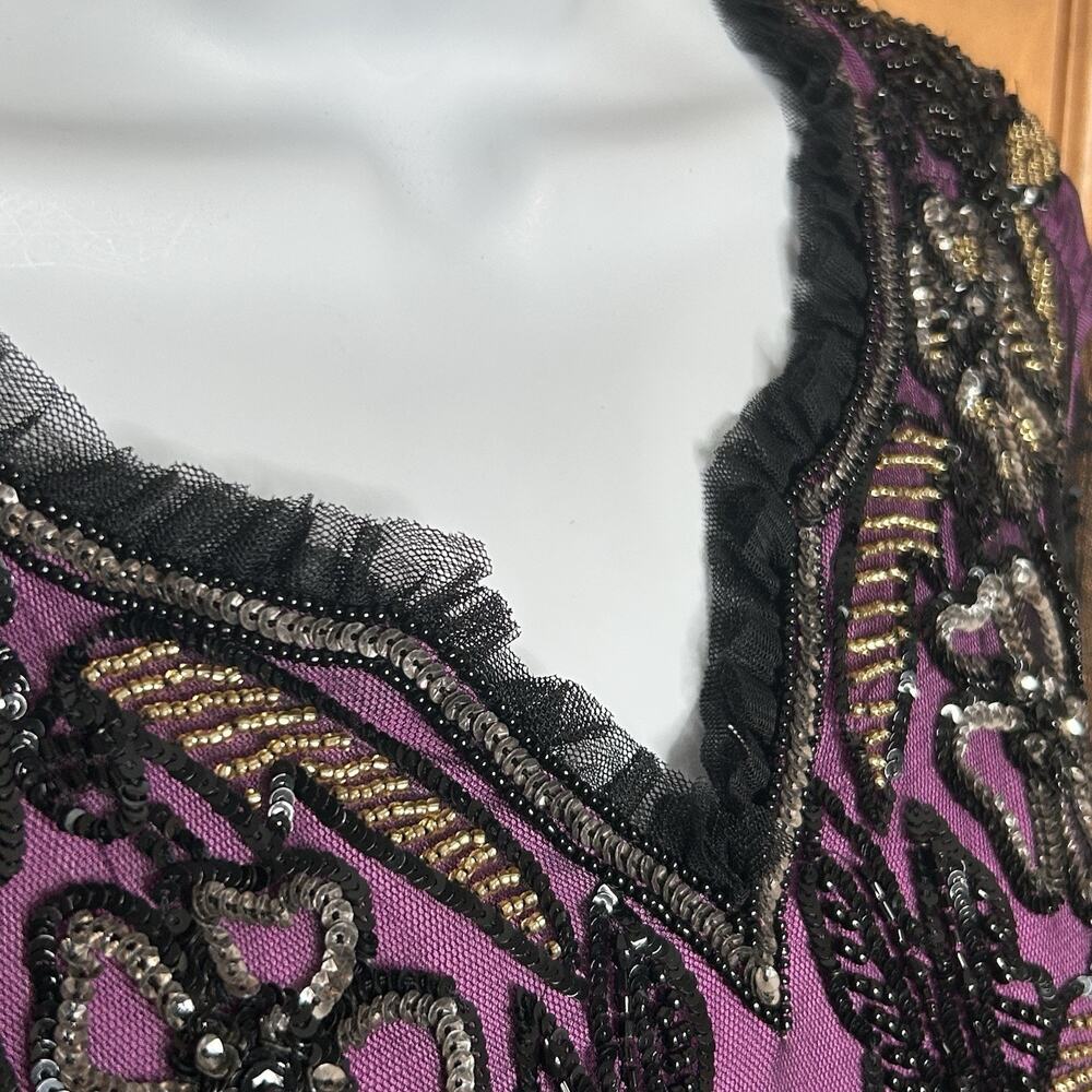 J Peterman Formal Dress M Purple Black Overlay Beads Sequins Birds Long Whimsy - Picture 3 of 9